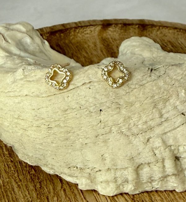 18k Gold Filled Dainty Quatrefoil Earrings with CZ Crystals - Image 2