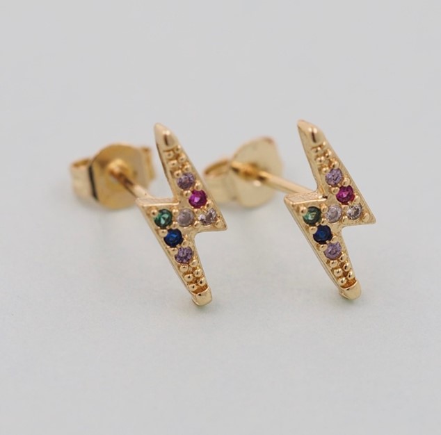 18k Gold Filled Lightening Bolt Earrings with Multi Color CZ Crystals
