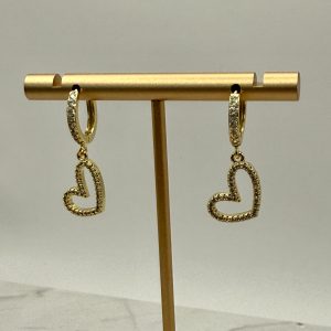 Gold Dangle Heart Huggie Earrings with CZ Crystals