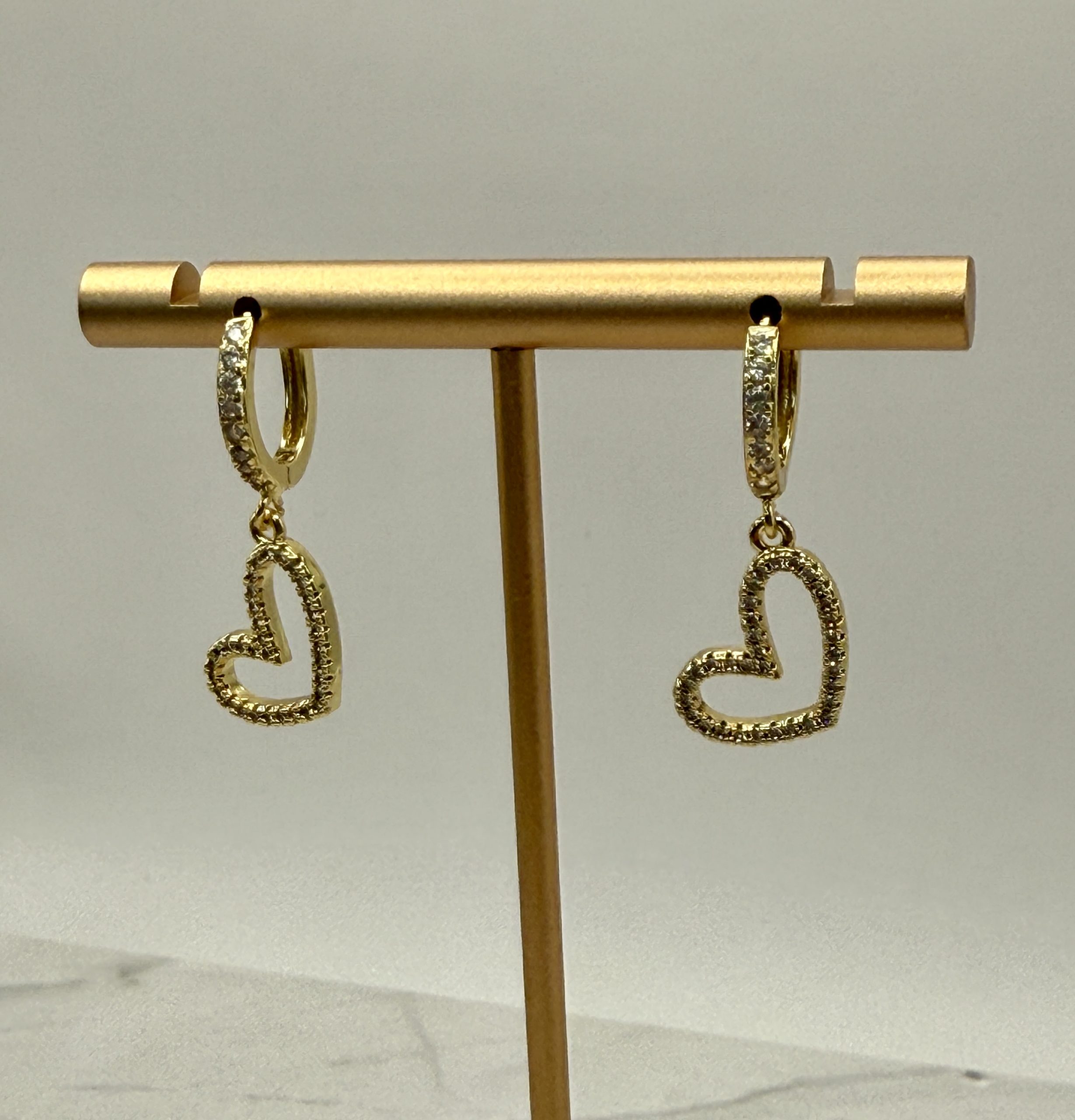Gold Dangle Heart Huggie Earrings with CZ Crystals